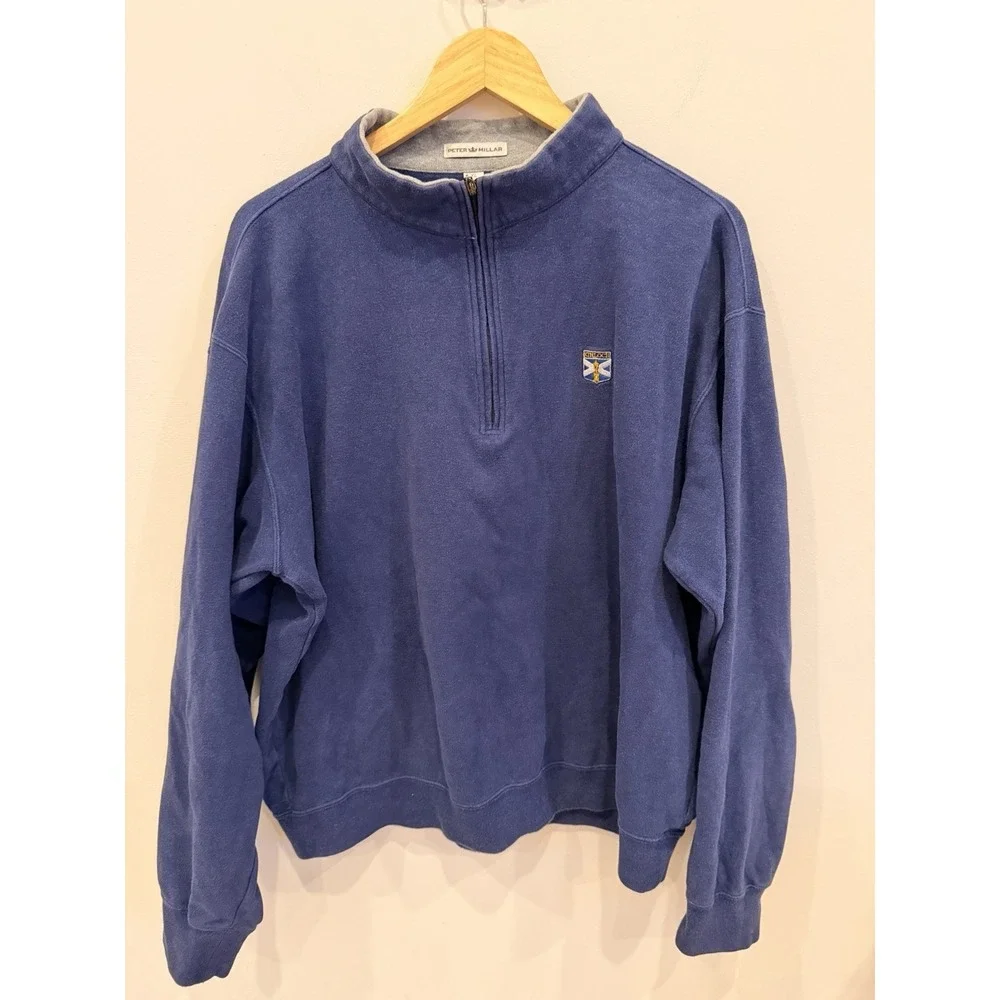 Peter Millar Men's XL Quarter Zip Pullover‎ Blue Cotton Kinloch Golf Club Crest